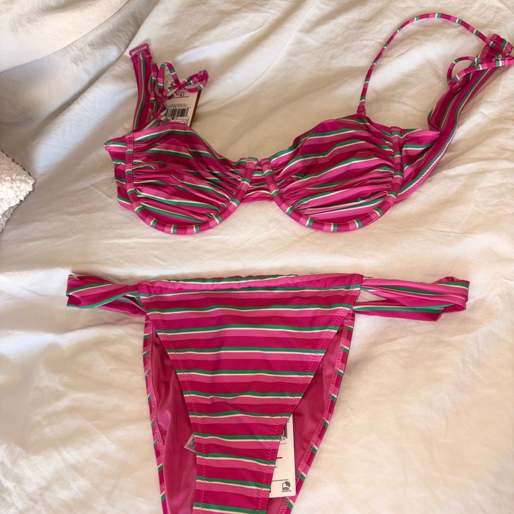 Mango Pink and Green Striped Bikini. Top M, bottom L